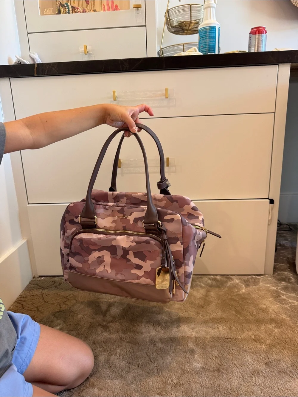 Tumi Pink Camo Duffel Bag with Brown Trim